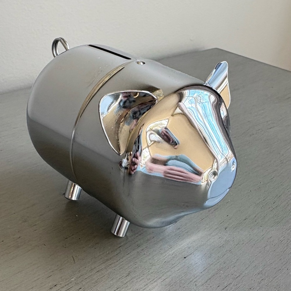 VTG Retro Metal Shiny Chrome Silver Tone Coin Piggy Bank Collectible Child Youth - Picture 7 of 8